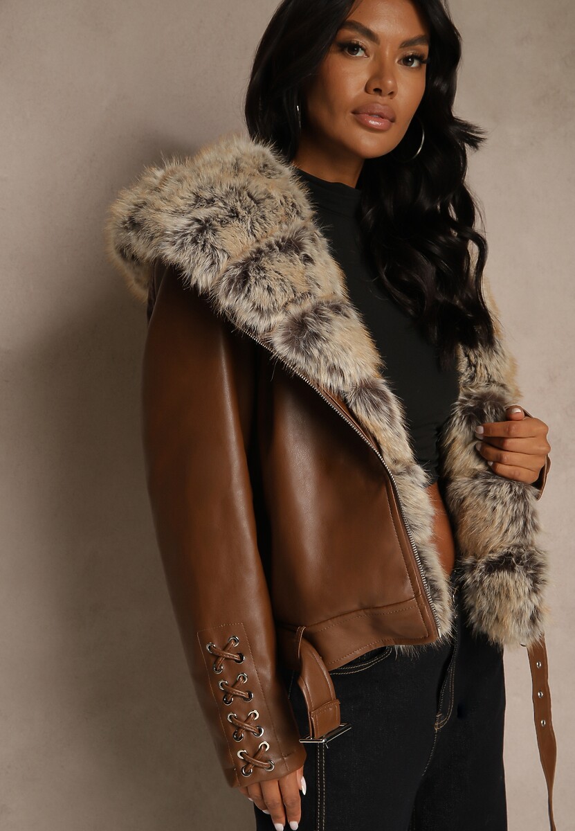 Brązowa Kurtka Ramoneska z Kapturem z Futrem z Możliwością Odpięcia Aplinna 1