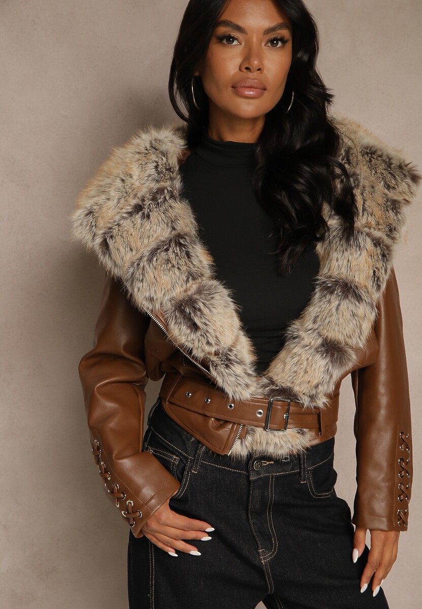 Brązowa Kurtka Ramoneska z Kapturem z Futrem z Możliwością Odpięcia Aplinna 2