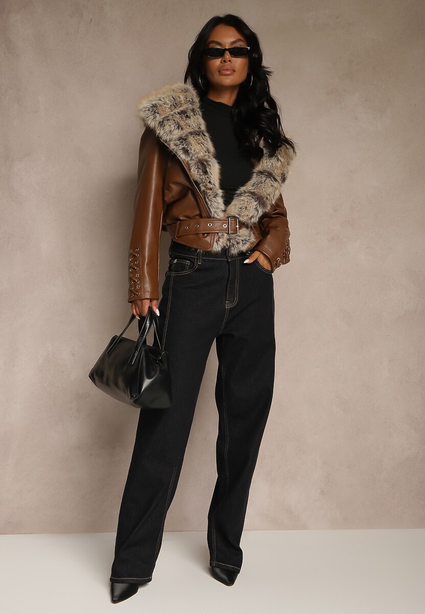 Brązowa Kurtka Ramoneska z Kapturem z Futrem z Możliwością Odpięcia Aplinna 3