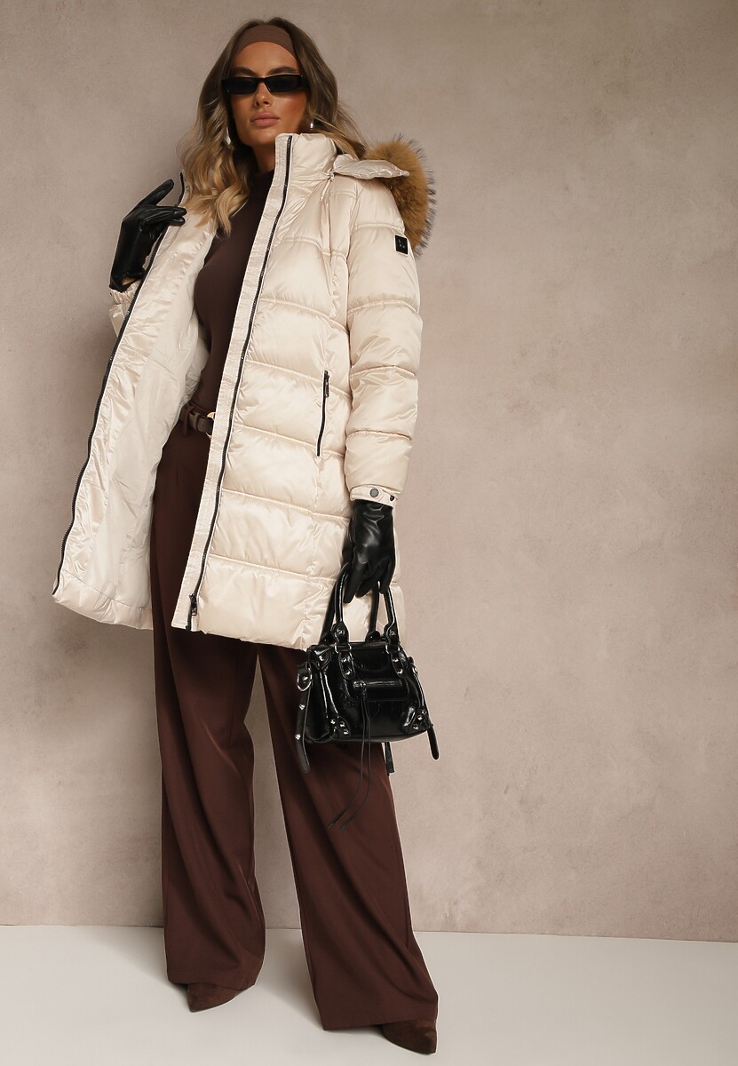 Beżowa Pikowana Kurtka o Długim Fasonie z Odpinanym Kapturem z Futerkiem  Fenalda 2