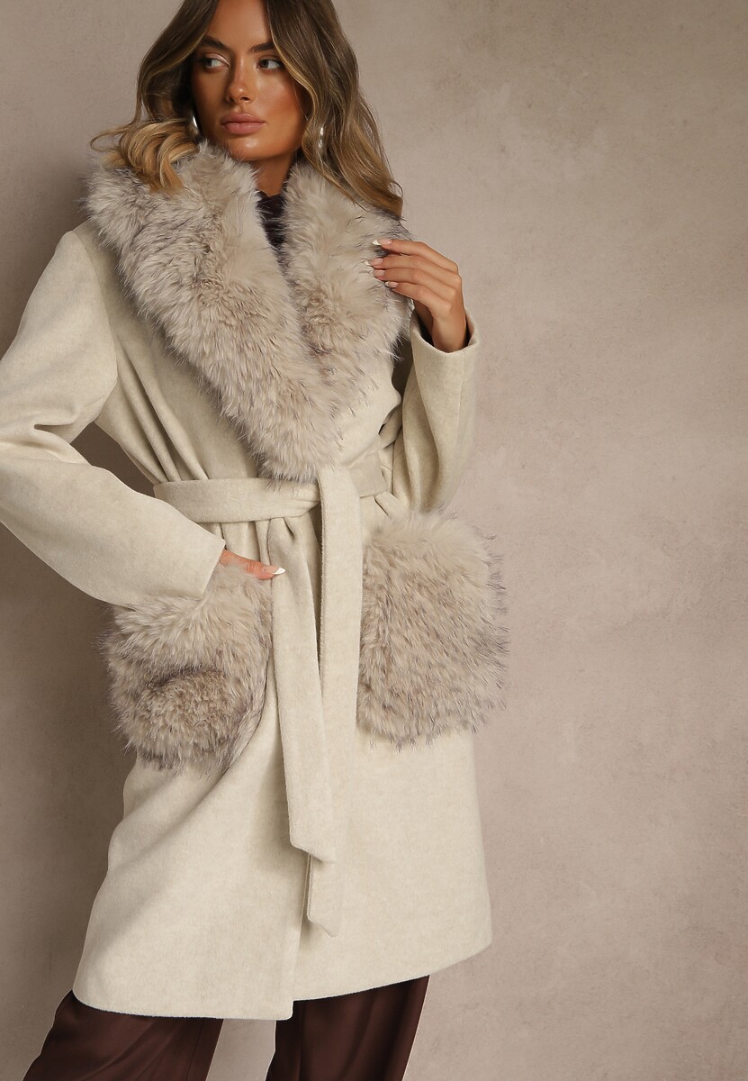 Beżowy Płaszcz z Futrzanym Kołnierzem Kieszeniami i Wiązanym Paskiem Perria 2