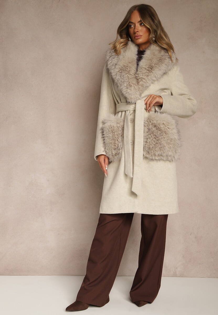 Beżowy Płaszcz z Futrzanym Kołnierzem Kieszeniami i Wiązanym Paskiem Perria 3