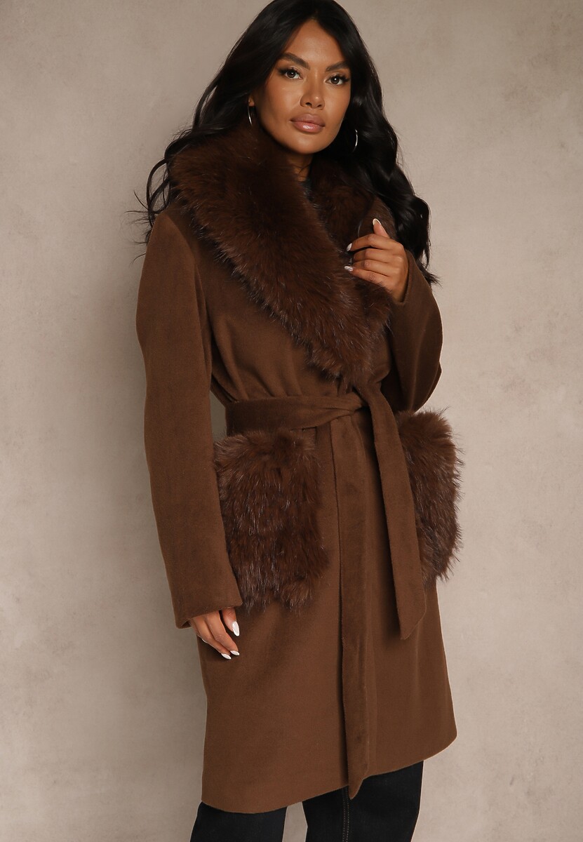 Brązowy Płaszcz z Futrzanym Kołnierzem Kieszeniami i Wiązanym Paskiem Perria 1
