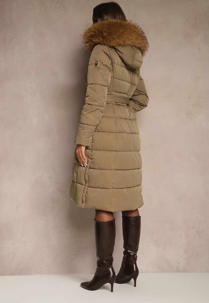 Ciemnobeżowa Pikowana Kurtka o Długim Kroju z Paskiem i Kapturem z Futrem Aveslia 3