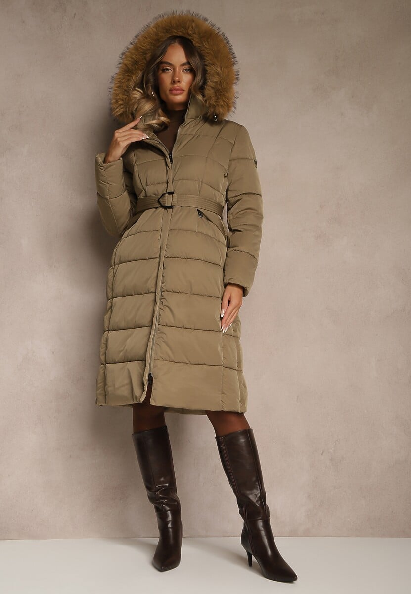 Ciemnobeżowa Pikowana Kurtka o Długim Kroju z Paskiem i Kapturem z Futrem Aveslia 1