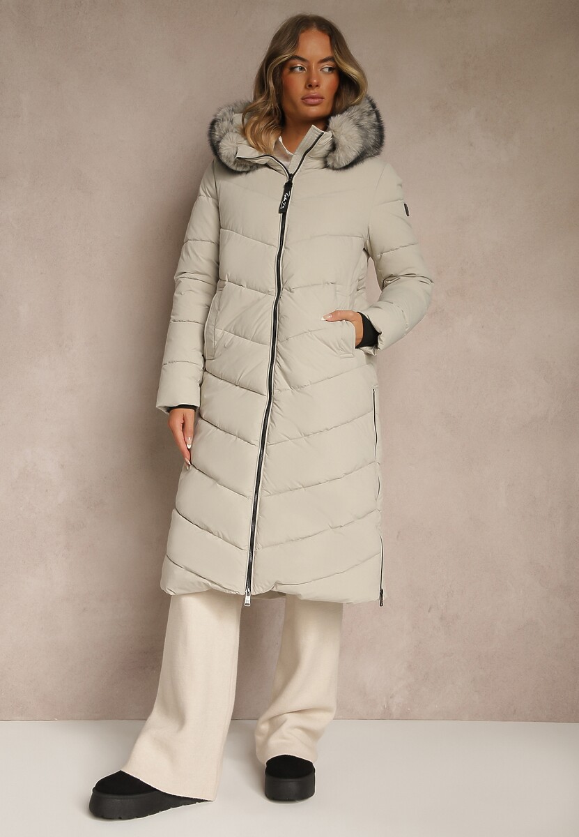 Beżowa Pikowana Kurtka o Długim Kroju z Kapturem z Futrem Galianesa 2