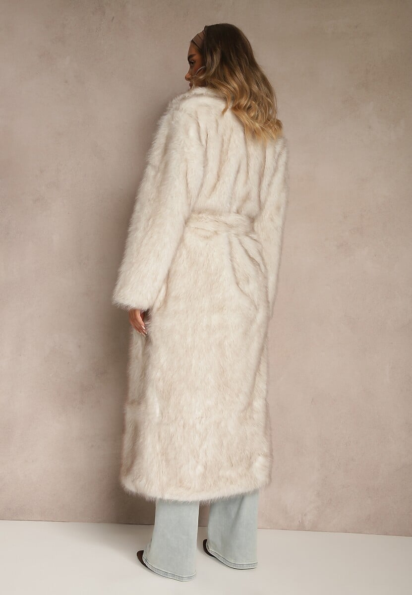 Jasnobeżowy Płaszcz Futerko z Paskiem Wiązanym w Talii Dinelle 3