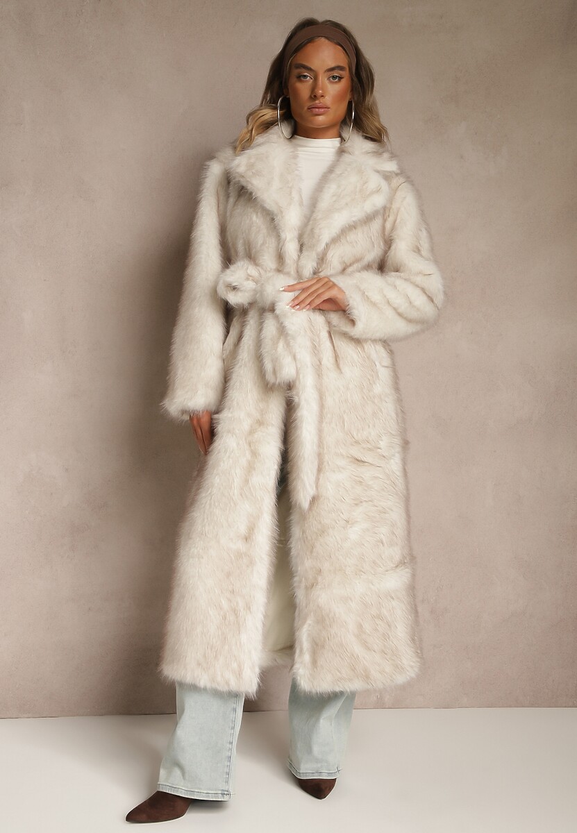 Jasnobeżowy Płaszcz Futerko z Paskiem Wiązanym w Talii Dinelle 2