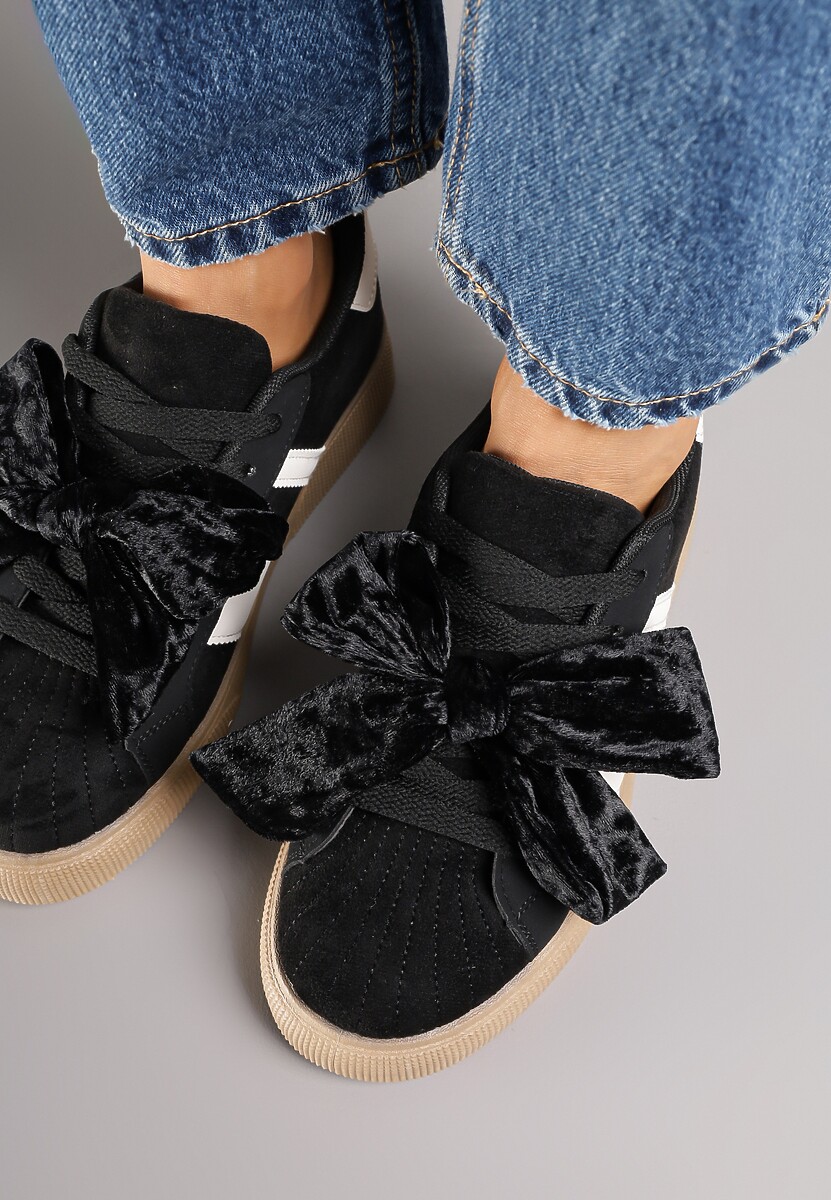 Czarne Sneakersy w Stylu Tenisówek Ozdobione Kokardą z Weluru Lerrive 3