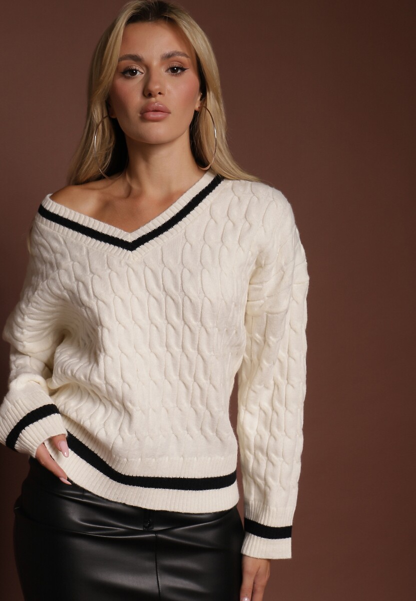 Jasnobeżowy Sweter w Stylu Preppy z Warkoczowym Splotem Belmire 1