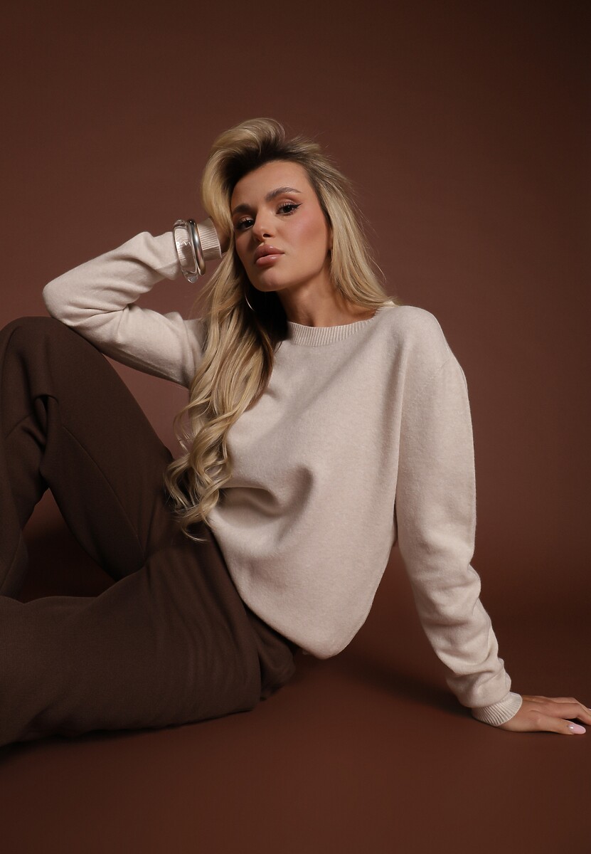 Beżowy Casualowy Sweter z Wełną i Wiskozą Lussare 1