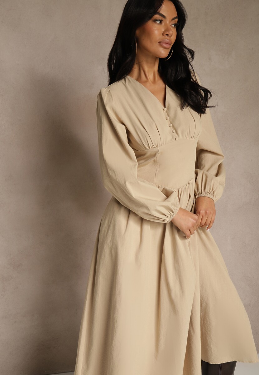 Beżowa Gorsetowa Sukienka z Wiskozą z Guzikami i Bufiastymi Rękawami Ahlite 1