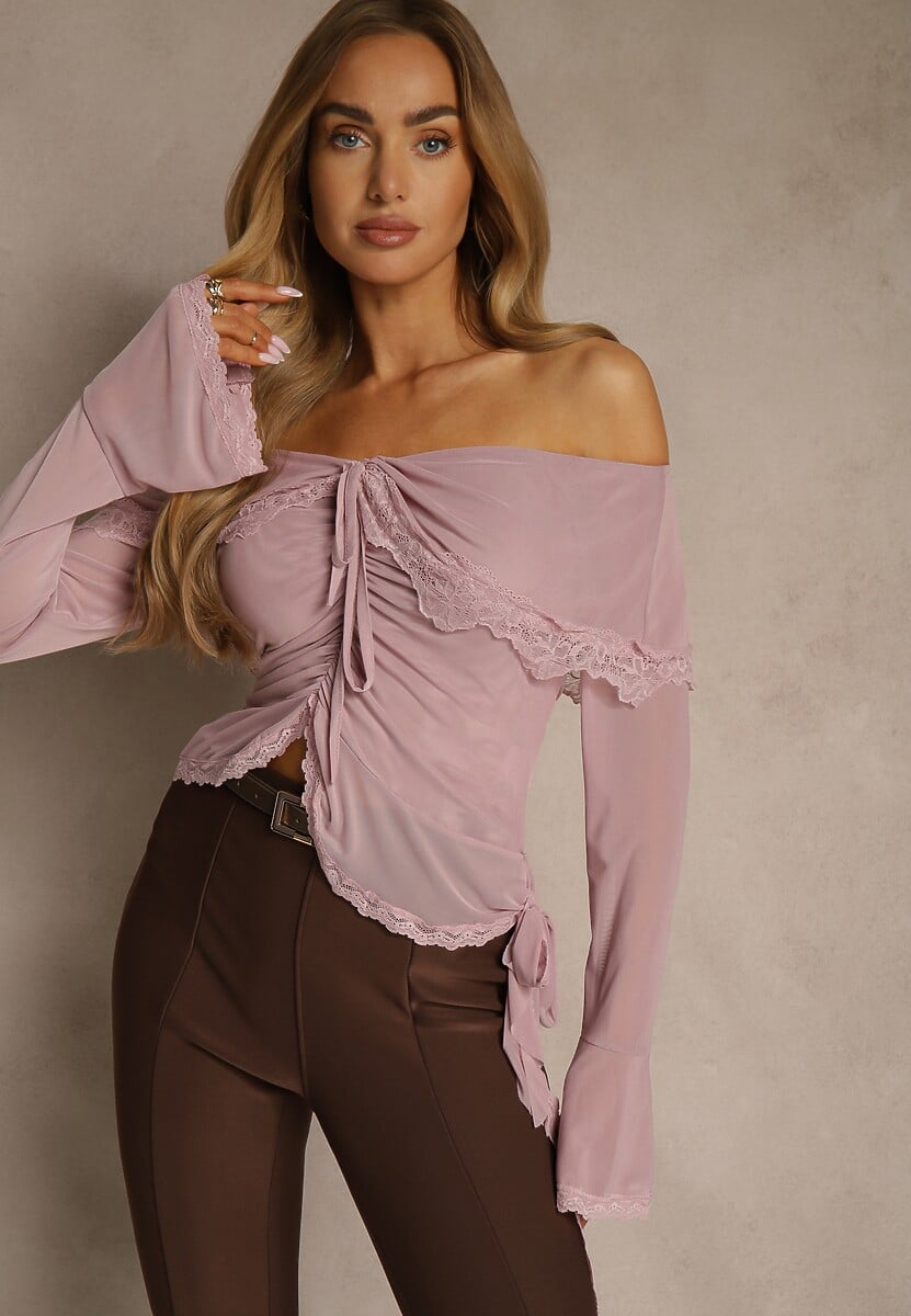 Różowa Bluzka Off Shoulder z Falbankami z Siateczki z Bawełny i Wiskozy Fenisella 1
