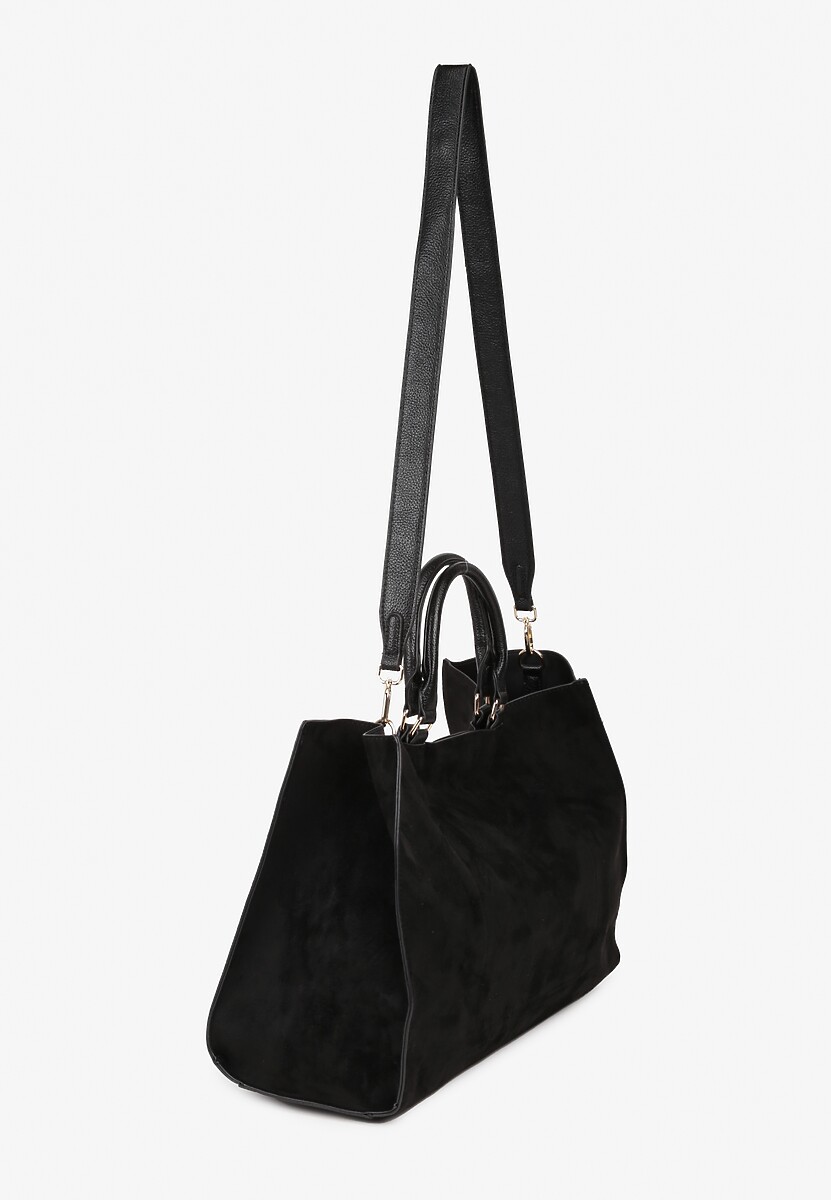 Czarna Torebka Typu Shopper z Imitacji Zamszu z Rączkami i Paskiem Crossbody Temige 3