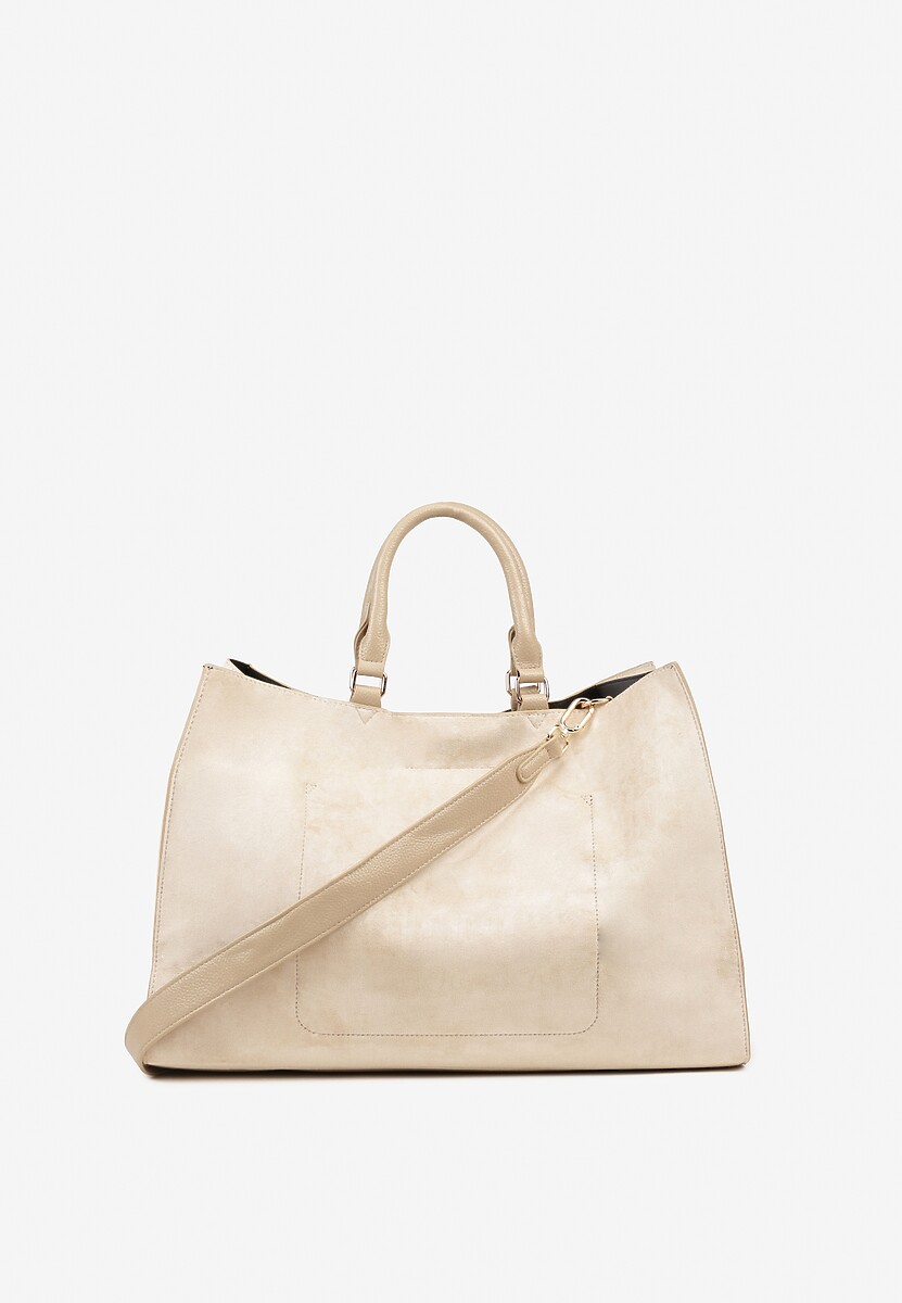 Jasnobeżowa Torebka Typu Shopper z Imitacji Zamszu z Rączkami i Paskiem Crossbody Temige 2