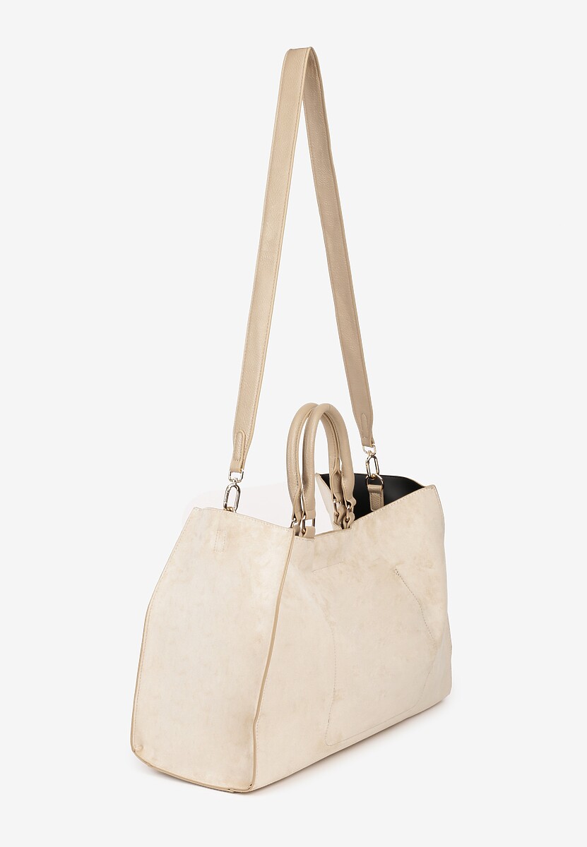 Jasnobeżowa Torebka Typu Shopper z Imitacji Zamszu z Rączkami i Paskiem Crossbody Temige 3