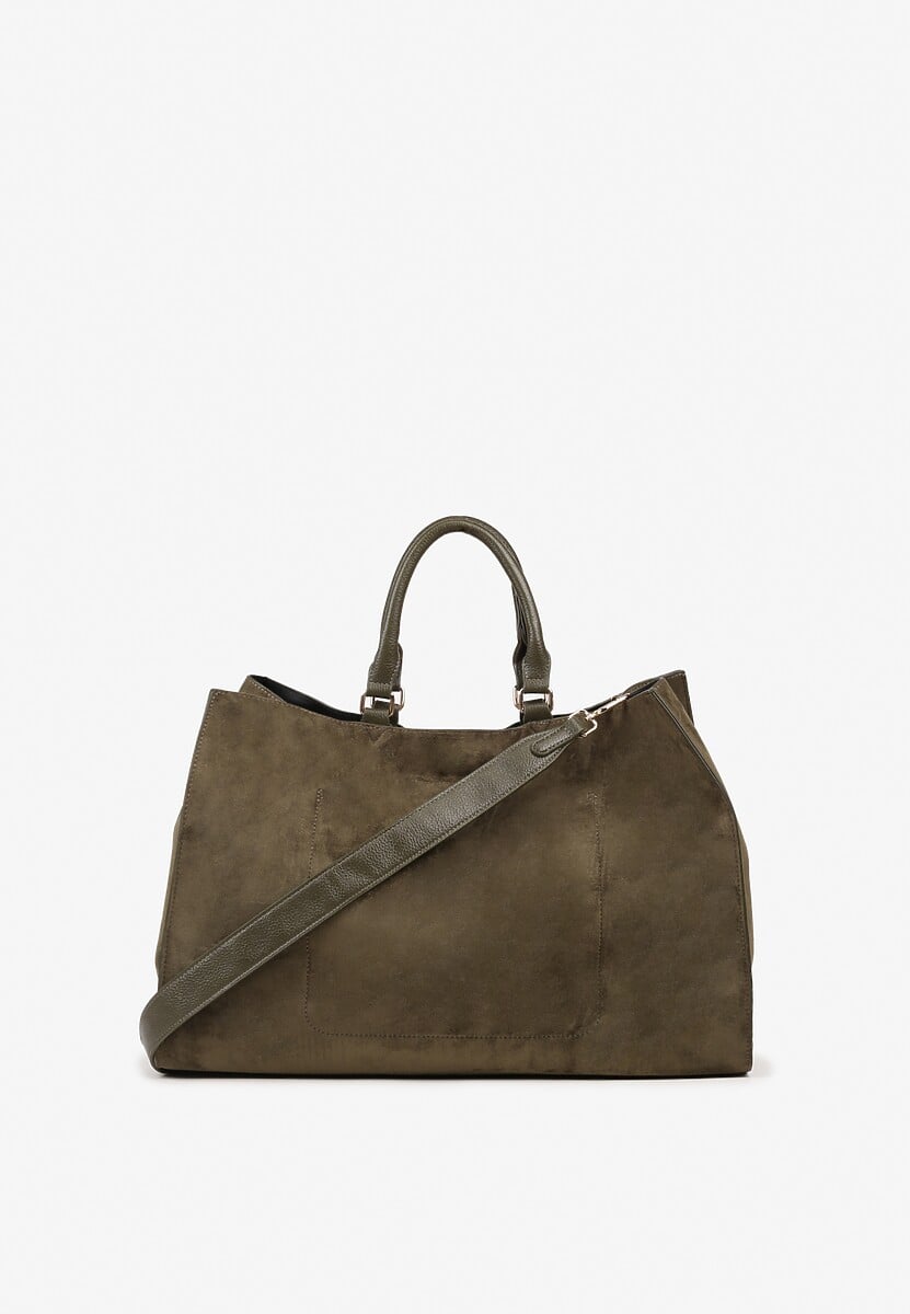 Zielona Torebka Typu Shopper z Imitacji Zamszu z Rączkami i Paskiem Crossbody Temige 2