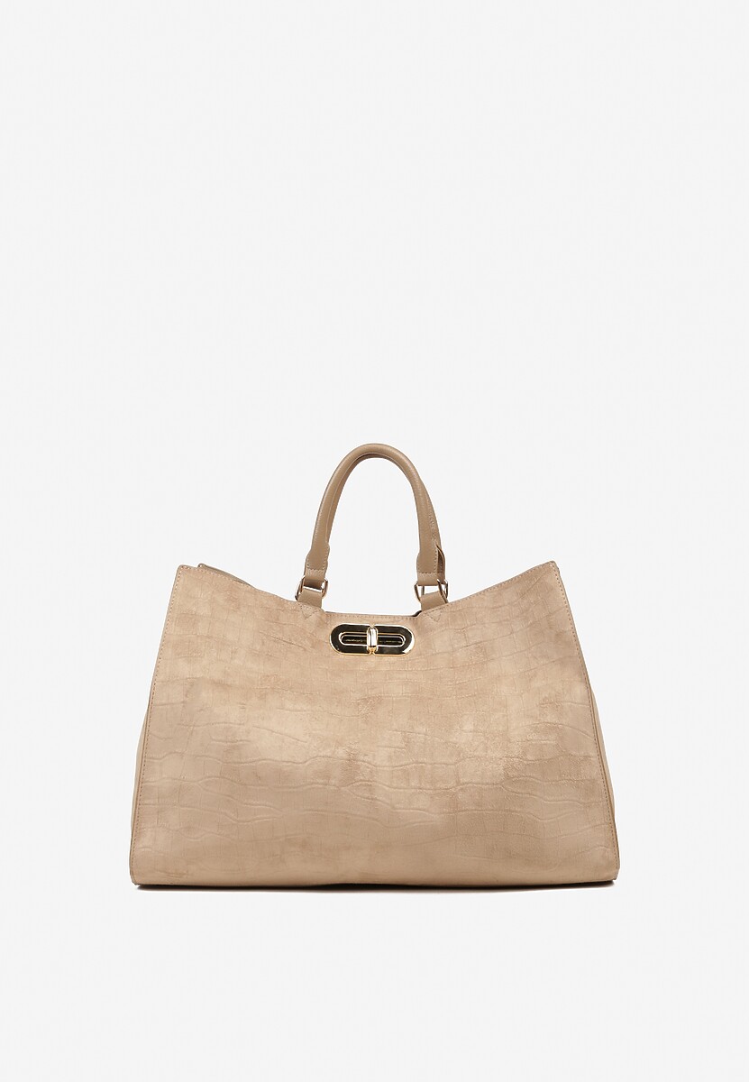 Beżowa Torebka Typu Shopper z Imitacji Zamszu z Rączkami i Paskiem Crossbody Temige 1