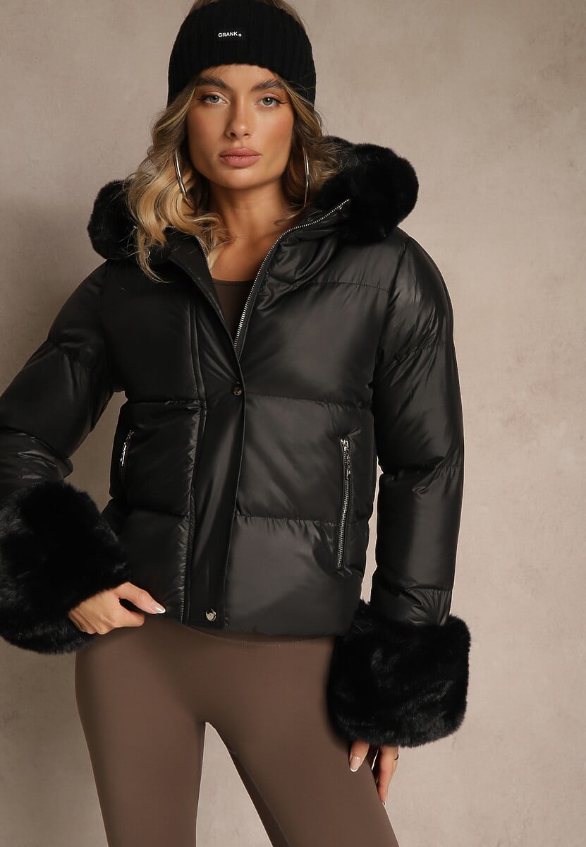 Czarna Kurtka z Pikowanymi Przeszyciami i Futerkowymi Zdobieniami Olindea 3