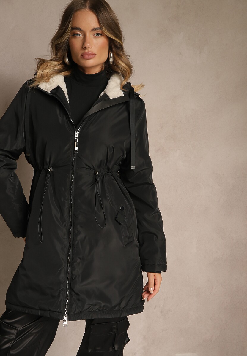 Czarna Kurtka Parka w Stylu Casual Ocieplana Futerkiem Olleania 1