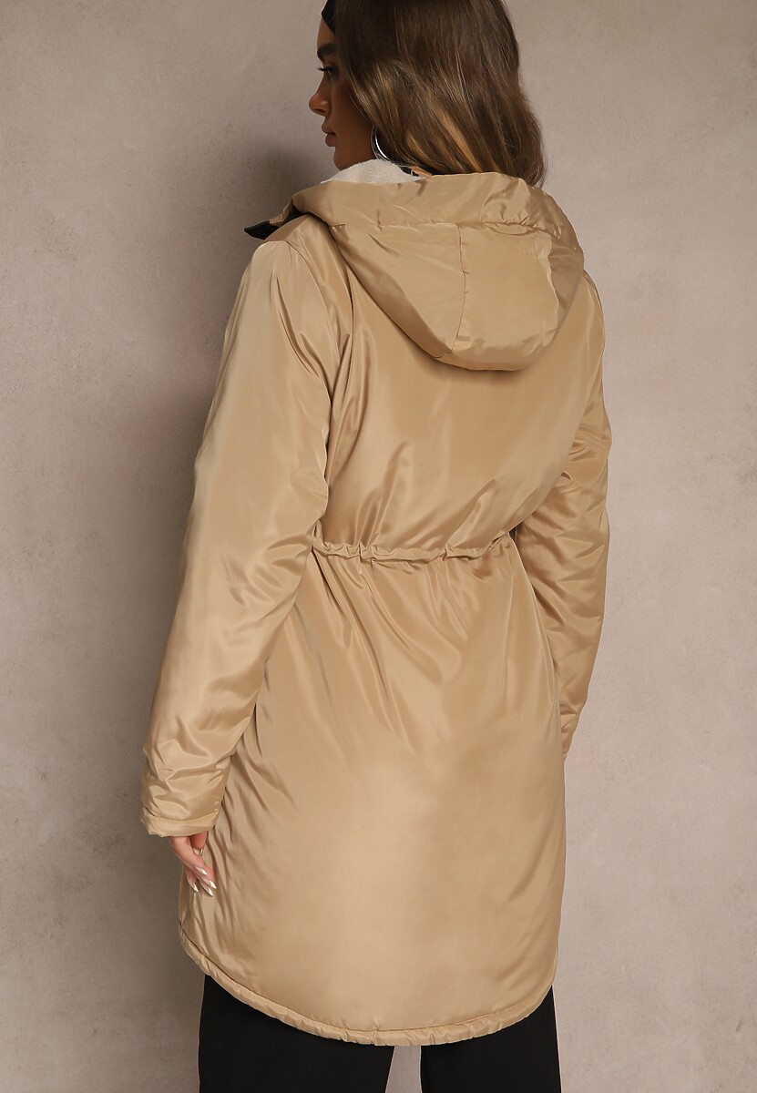 Ciemnobeżowa Kurtka Parka w Stylu Casual Ocieplana Futerkiem Olleania 3