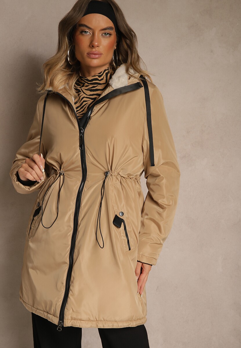 Ciemnobeżowa Kurtka Parka w Stylu Casual Ocieplana Futerkiem Olleania 1