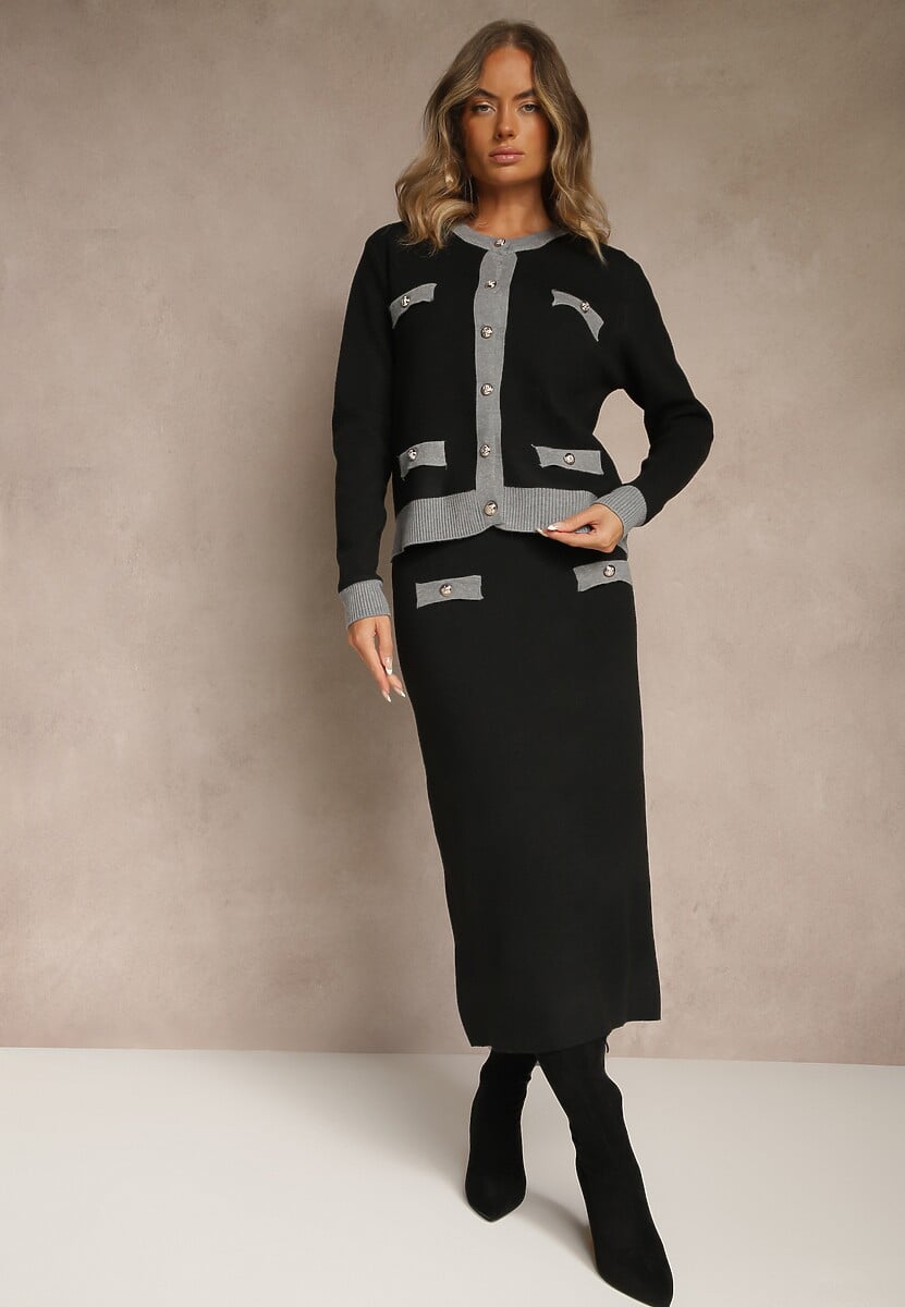 Szary Sweterkowy Komplet z Dzianiny z Bawełną Kardigan i Spódnica Derrive 1