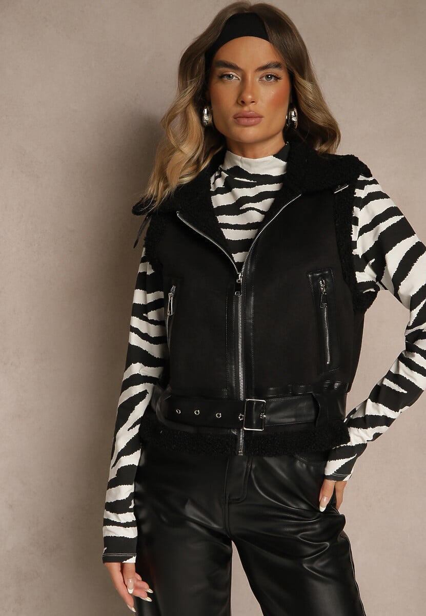 Czarna Kamizelka w Rockowym Stylu z Futerkiem w Stylu Baranka i Klamrą Tiofira 1