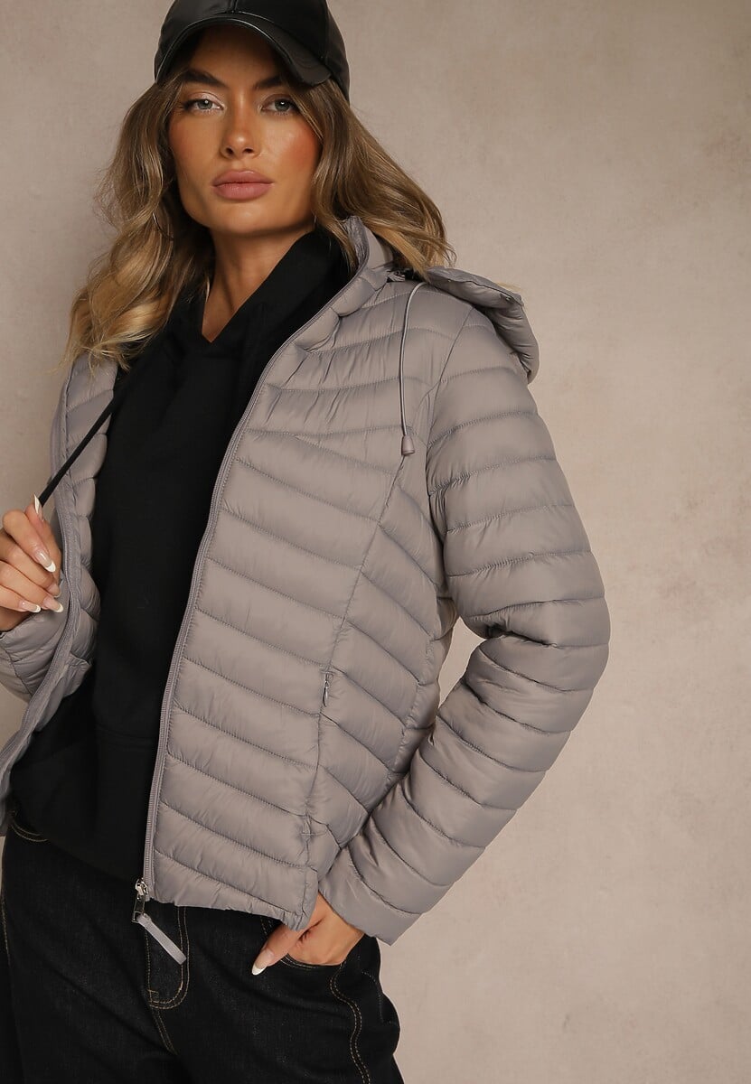 Szara Przejściowa Kurtka z Pikowanymi Przeszyciami i Kapturem Suritte 2