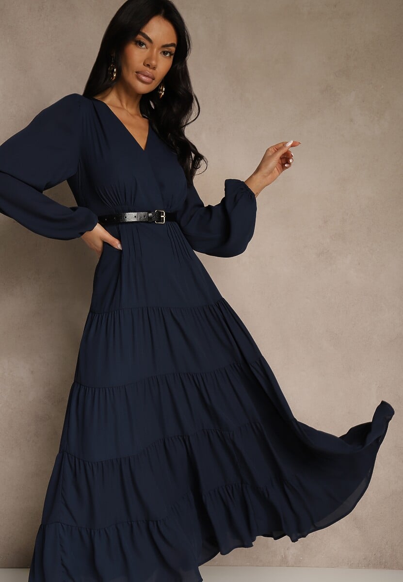 Granatowa Kopertowa Sukienka Vices o Rozkloszowanym Kroju Resvima 2