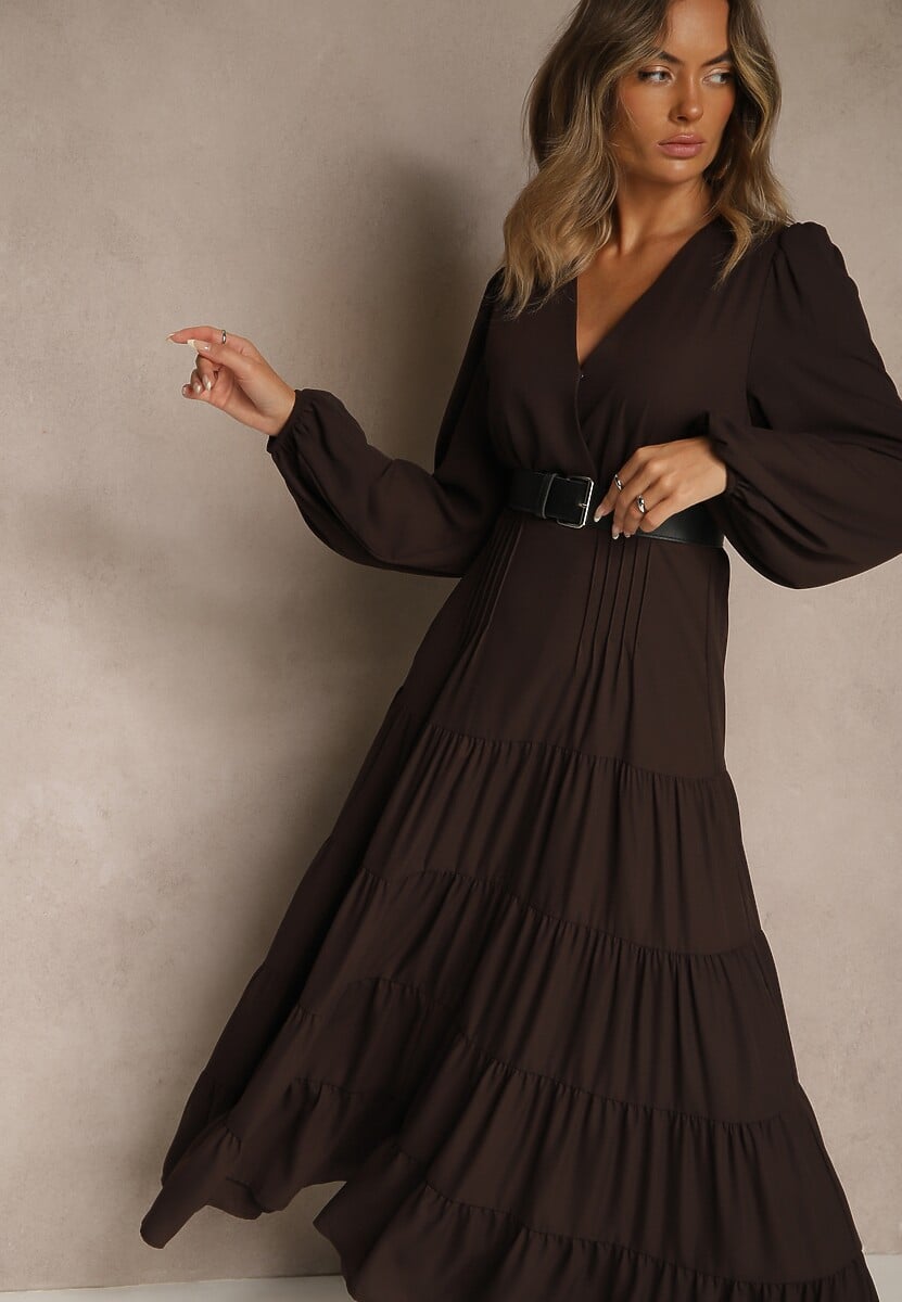 Brązowa Kopertowa Sukienka Vices o Rozkloszowanym Kroju Resvima 2