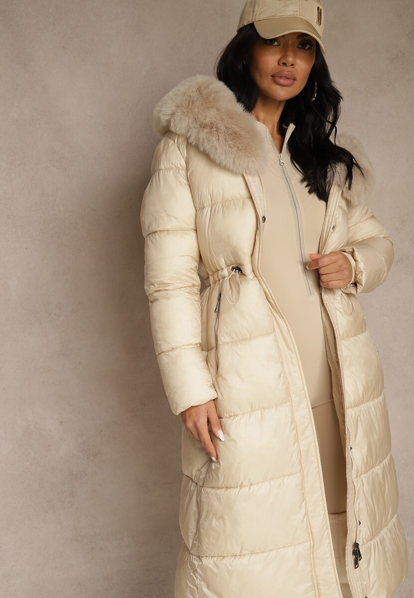 Beżowa Puchowa Kurtka Pikowana o Długim Kroju z Kapturem z Futerkiem Bavea 3