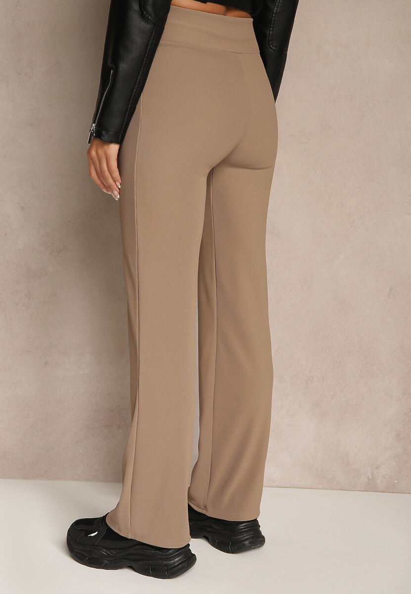 Ciemnobeżowe Prążkowane Spodnie High Waist z Szerokimi Nogawkami Resoda 3