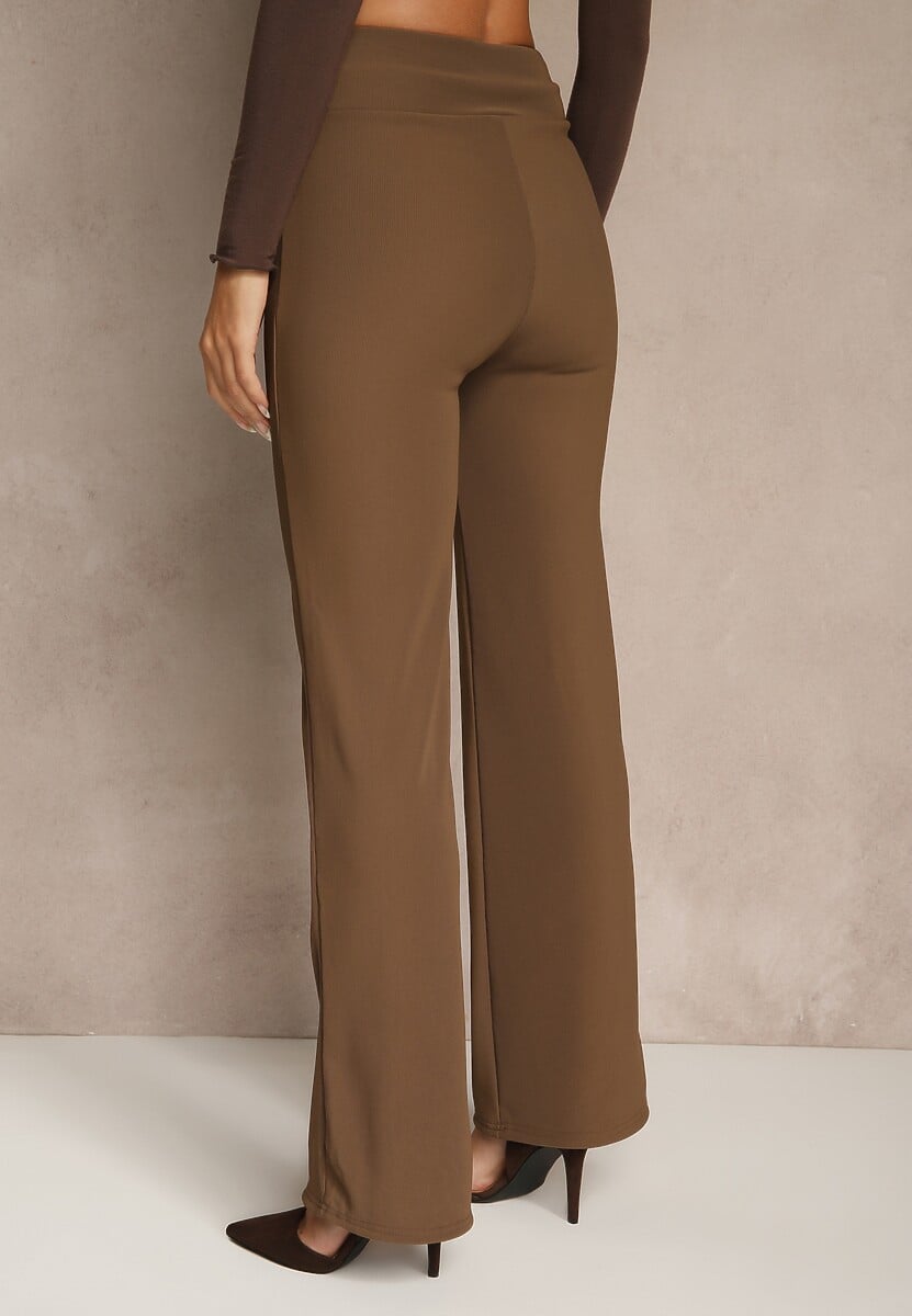 Brązowe Prążkowane Spodnie High Waist z Szerokimi Nogawkami Resoda 3