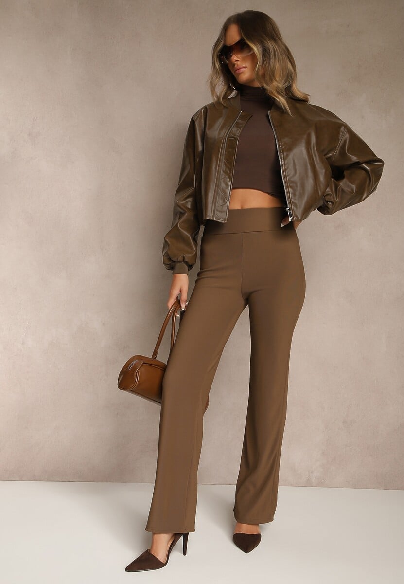 Brązowe Prążkowane Spodnie High Waist z Szerokimi Nogawkami Resoda 1