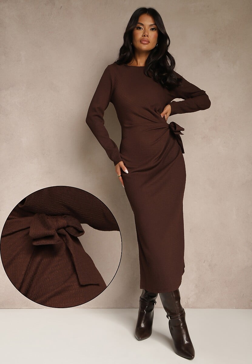 Brązowa Sukienka o Taliowanym Kroju z Wiązaniem w Pasie i Rozcięciami Esalarra 1