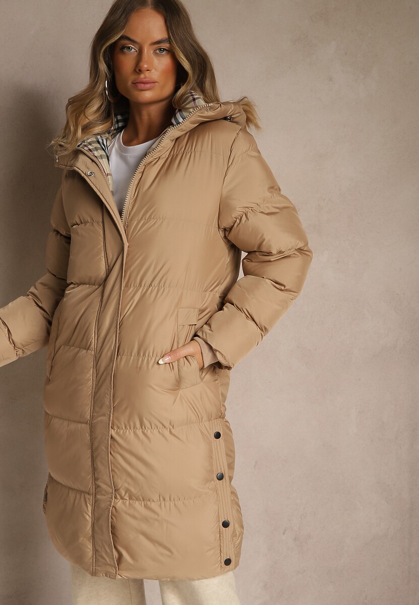Ciemnobeżowa Kurtka z Pikowanymi Przeszyciami o Długim Fasonie z Kapturem Gineffa 3