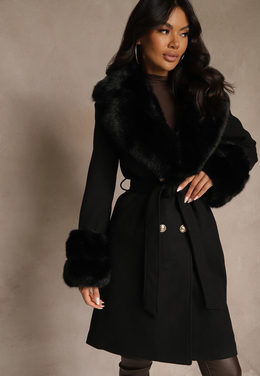 Czarny Dwurzędowy Płaszcz o Eleganckim Fasonie z Futerkowymi Zdobieniami  Lendrie 1