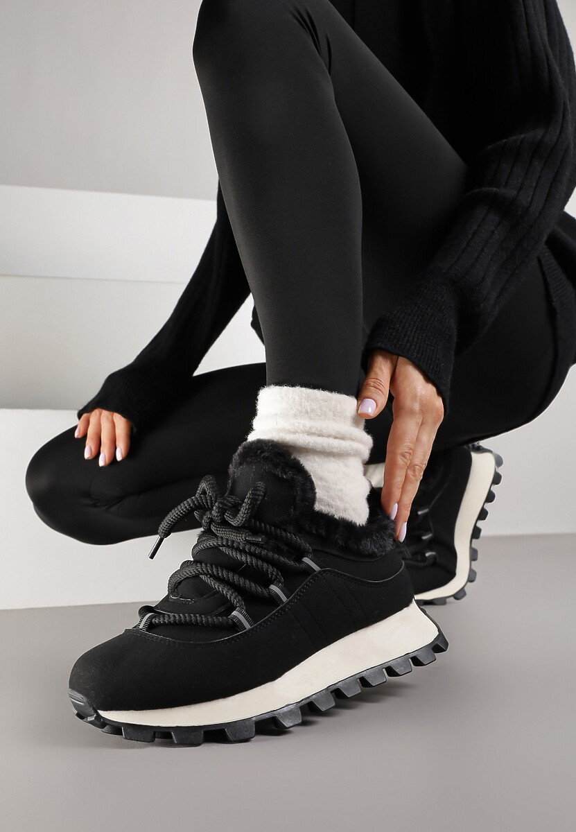 Czarne Sneakersy Typu Śniegowce na Tłoczonej Platformie Sierrna 2