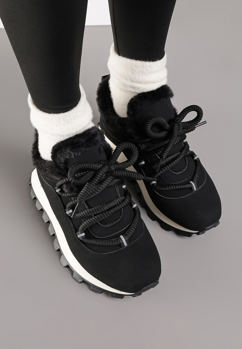 Czarne Sneakersy Typu Śniegowce na Tłoczonej Platformie Sierrna 3