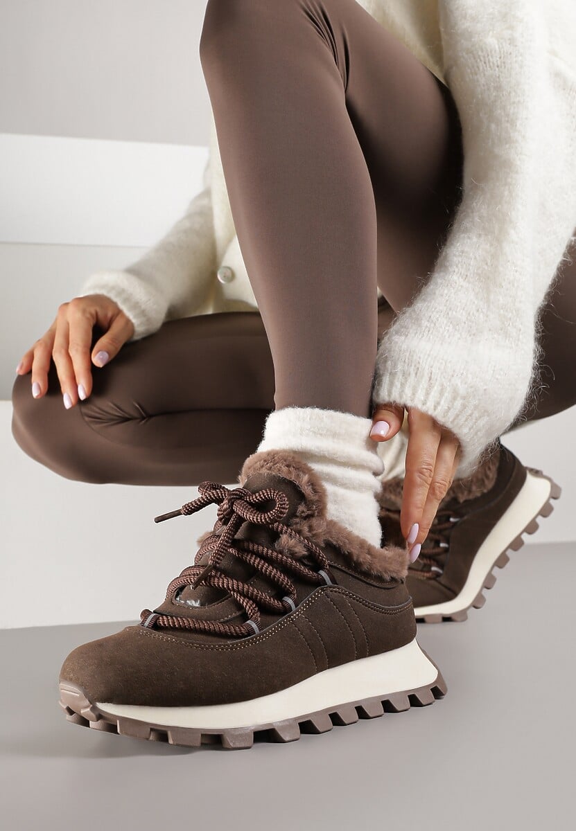 Brązowe Sneakersy Typu Śniegowce na Tłoczonej Platformie Sierrna 1
