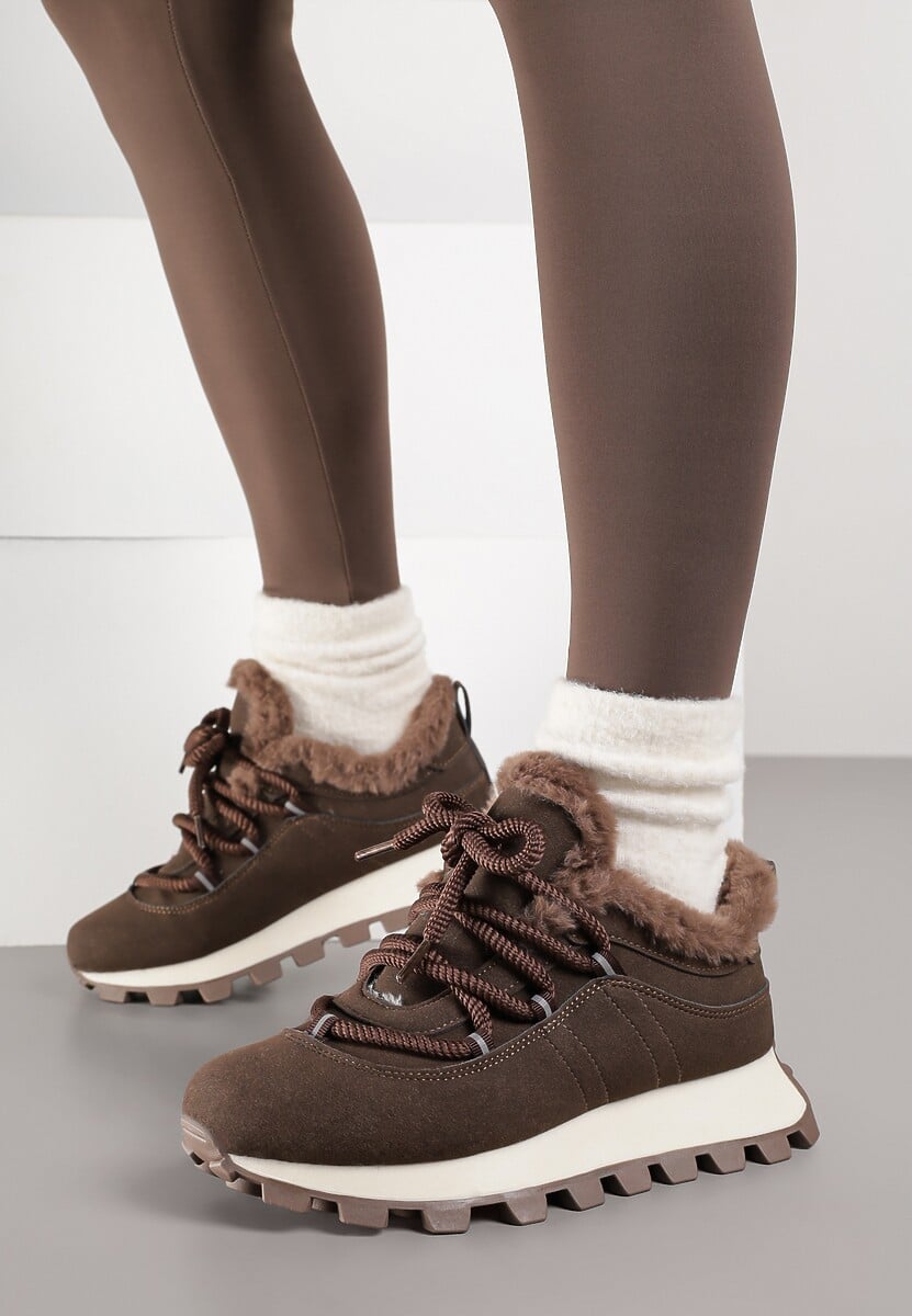 Brązowe Sneakersy Typu Śniegowce na Tłoczonej Platformie Sierrna 3