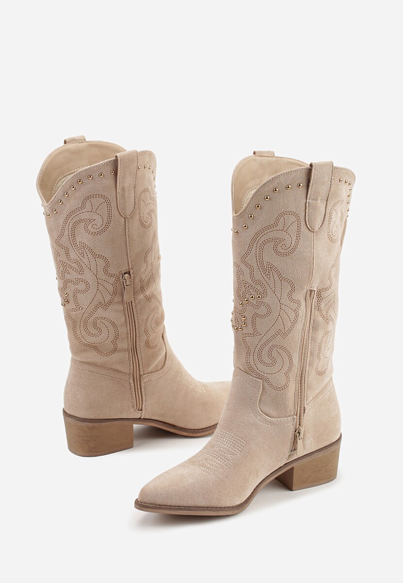 Beżowe Kozaki Kowbojki na Słupku z Nitami i Haftem przy Cholewce