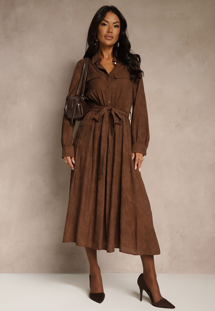 Brązowa Koszulowa Sukienka z Wiskozy o Rozkloszowanym Fasonie z Wiązaniem Isozera 1