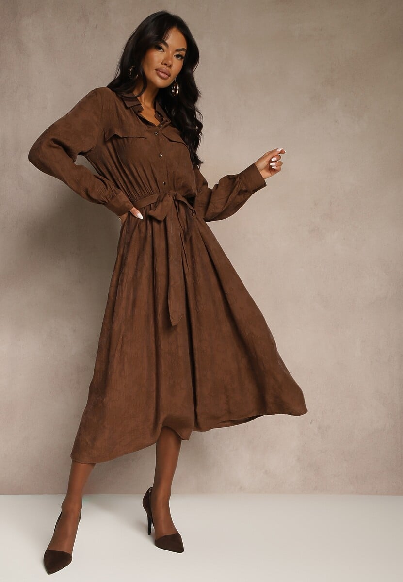 Brązowa Koszulowa Sukienka z Wiskozy o Rozkloszowanym Fasonie z Wiązaniem Isozera 2