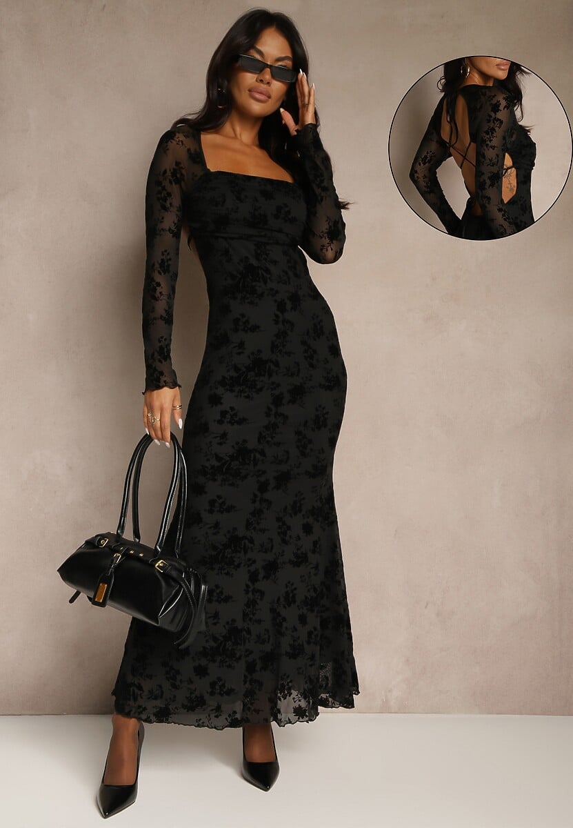 Czarna Sukienka VICES Bodycon z Siateczki Ozdobionej Wzorem w Kwiaty Rivita 1