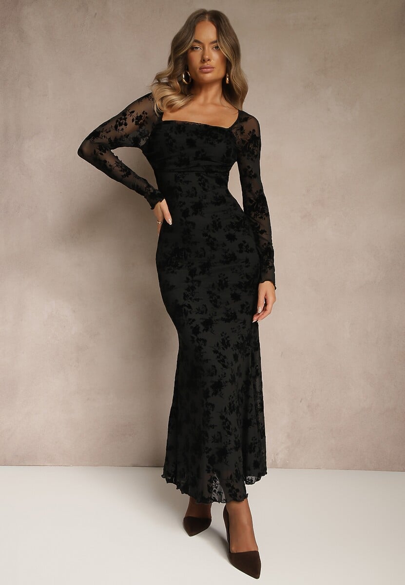 Czarna Sukienka VICES Bodycon z Siateczki Ozdobionej Wzorem w Kwiaty Rivita 2