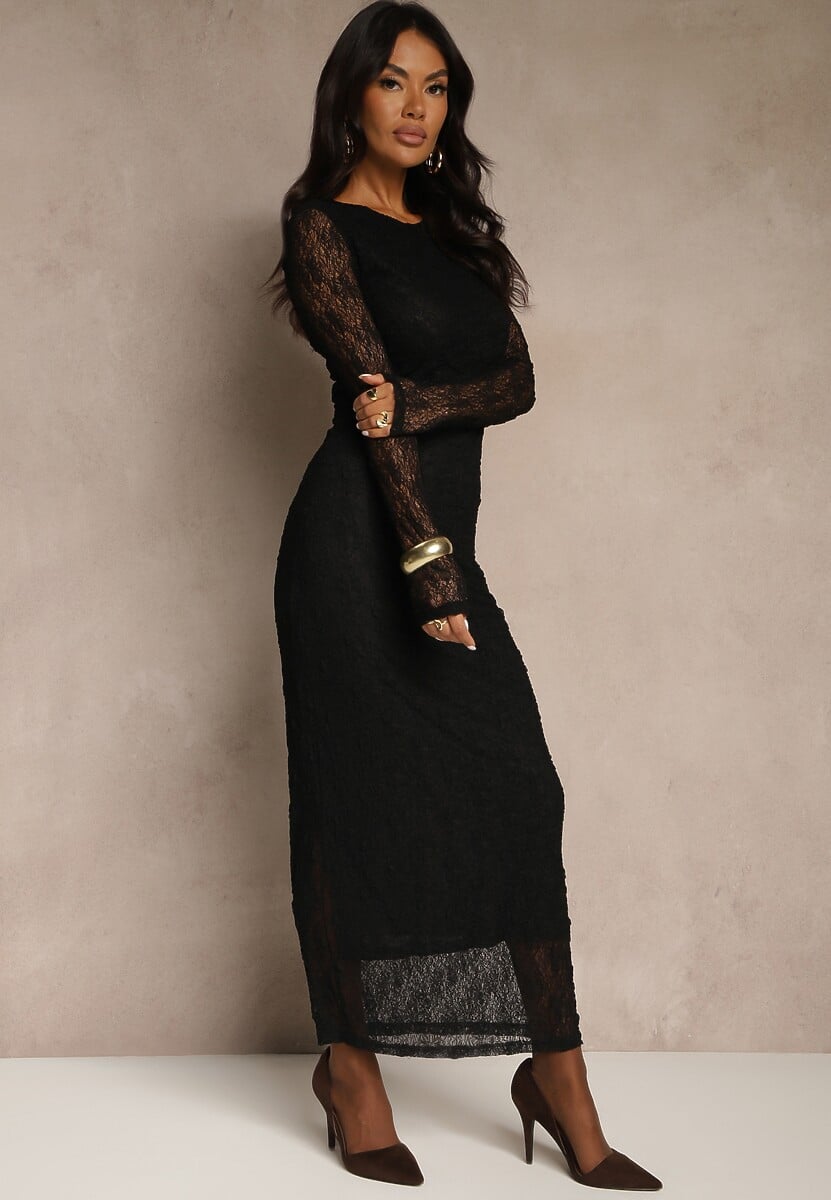 Czarna Koronkowa Sukienka Typu Longsleeve o Dopasowanym Kroju Zenoresa 1