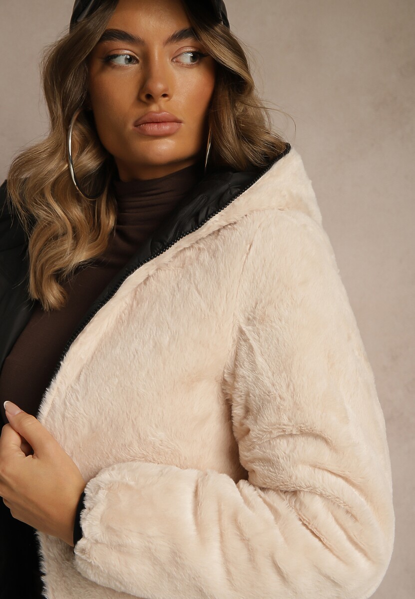 Czarno-Beżowa Dwustronna Kurtka z Pikowanymi Przeszyciami i Kapturem Tianessa 2