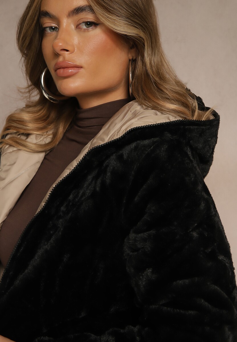 Beżowa Dwustronna Kurtka z Pikowanymi Przeszyciami i Kapturem Tianessa 2